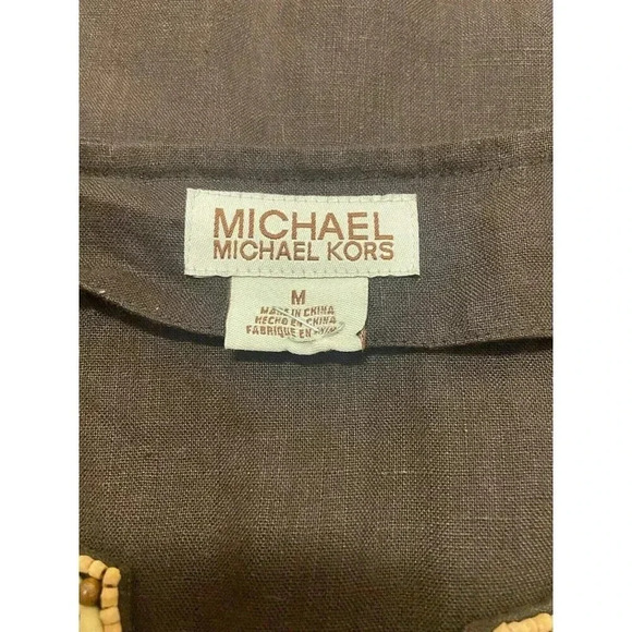 Michael Kors Large Tunic Top Blouse Brown Linen Wooden Beaded Embroidered Size M - Picture 6 of 8
